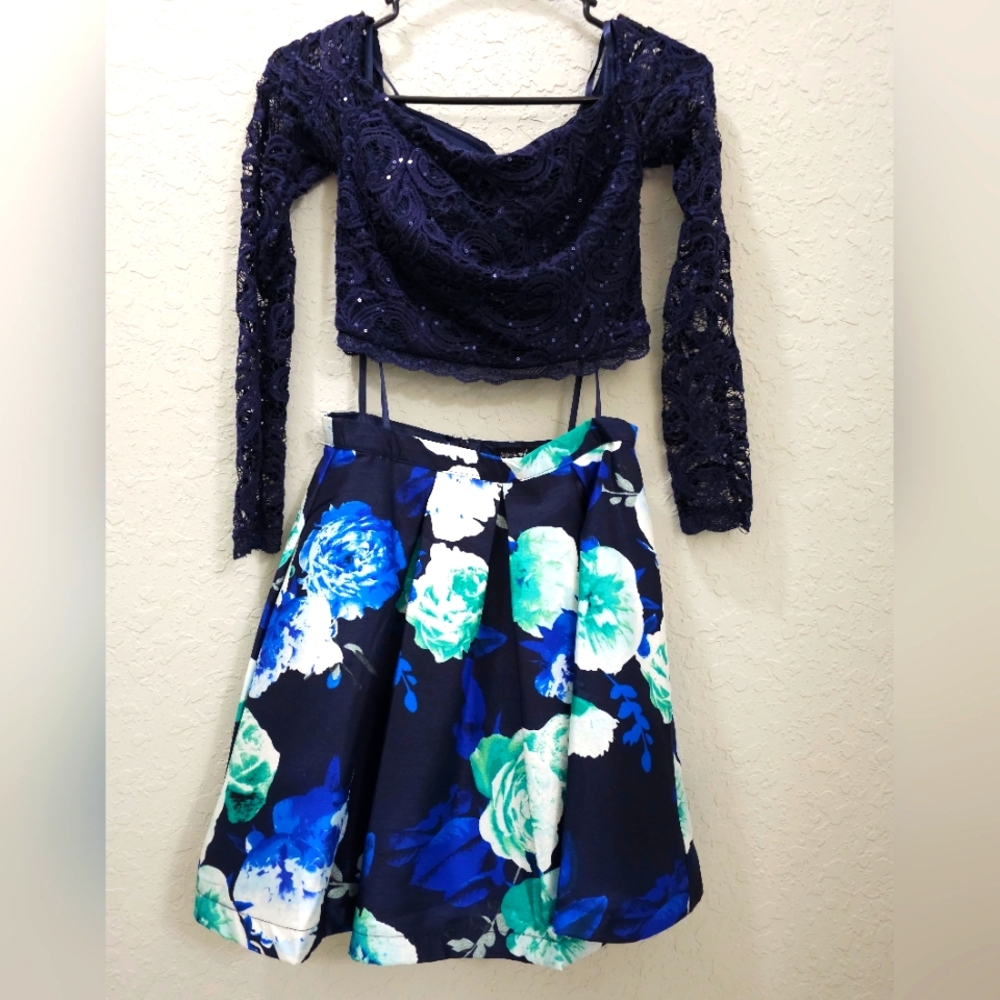 2 piece blue floral sequin hearts dress
